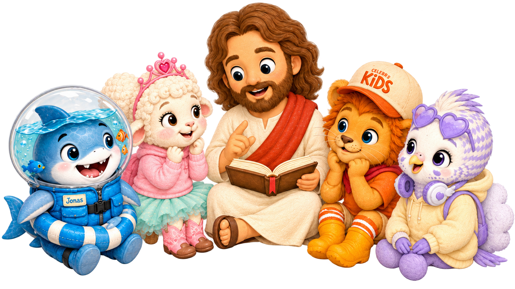 Jesus lendo a Bíblia com Jonas, Ester, Davi e Rute, personagens do Celeiro Kids